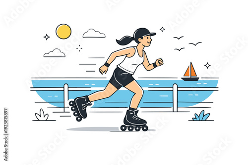 Rollerblading along waterfronts. Person rollerblading smoothly along a seaside promenade, water and sky visible nearby. Sense of motion, freedom, and relaxed