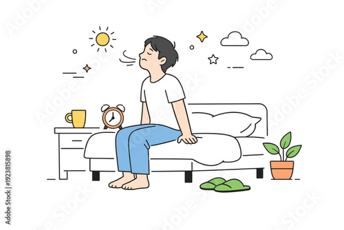 Morning waking ritual. A person sitting on the edge of the bed, taking a deep breath and enjoying a quiet moment before the day begins. The