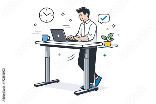 Standing desk work sessions. A focused professional working at a standing desk with a laptop, calm posture and light movement. Healthy productivity and modern