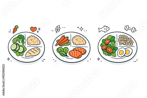 Healthy food ? balanced diet. Plates with simple portions of vegetables, grains, and protein icons, illustrating everyday healthy choices. Calm composition