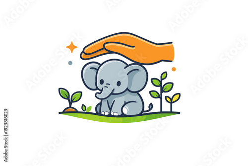 Protecting endangered species representing long term conservation with a young animal and subtle growth icons like leaves or sprouts nearby. A thoughtful