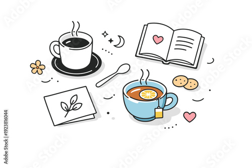 Afternoon coffee and tea moment. Cups placed diagonally with a book or card element, creating a relaxed editorial lifestyle scene. Slow living and cozy balance