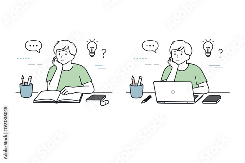 Not knowing next step. A person sits alone with a blank notebook or open laptop, posture neutral, tools ready but no motion, suggesting paused direction. The