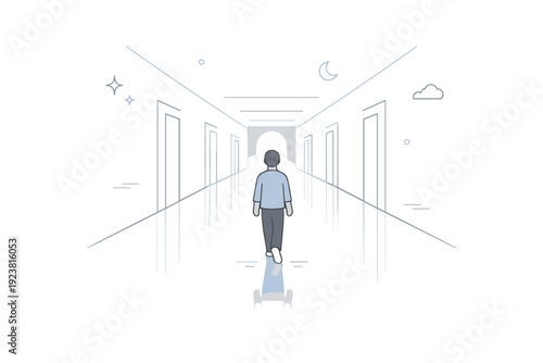 Corridors as liminal spaces. Person walking alone down a long, softly lit corridor, subtle reflections and symmetrical lines around them.