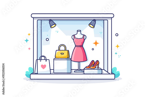 Window display design associated with modern retail experience and visual attraction. A compact illustration showing a clean window frame with spotlight