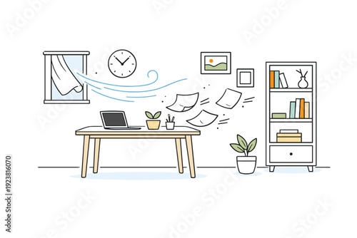Air moving through rooms. A simple room with papers lightly lifting from a desk as air passes through. A calm visual metaphor for movement and renewal inside a