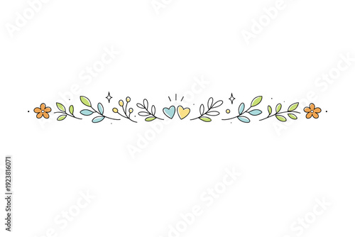 Botanical ornaments. Close-up view of simple plant shapes forming a border or divider. Gentle handcrafted feel with organic balance and spacing. Minimalist