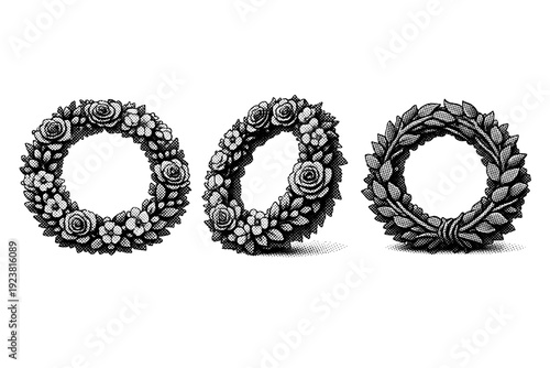 Floral wreath badge decorative floral wreath seal shown as a single object from three different angles: front view, slight angled view, and back view. Black