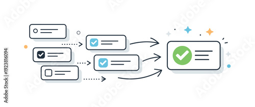 Workflow process with checkmarks and arrows leading to a final approved task
