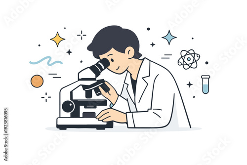 Microscope research close-up. A scientist peers through a microscope, abstract decorative shapes and subtle stars floating around indicating discovery and