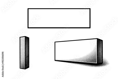 Comic halftone panel set of caption box A comic caption box is shown as a single object from three different views: front view, side view, and three-quarter