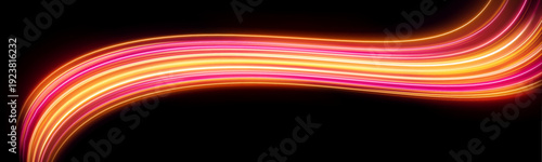 Red and orange neon arcs flow above a high-speed city street. Comet-like trails and glowing lines suggest acceleration and dynamic motion.