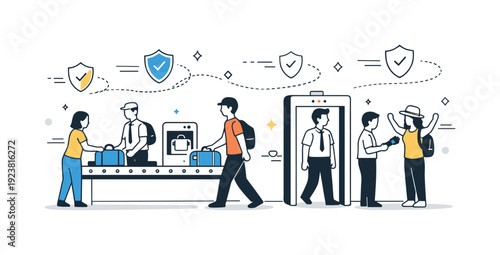 Airport security check with baggage screening and metal detector archway
