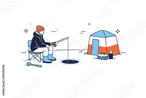 Minimalist Ice Fishing. Ice fishing leisure setups. Person sitting calmly on a folding chair beside an ice hole, fishing rod in hand and small shelter nearby.