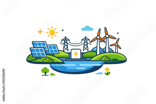 Renewable energy grids visualized as a compact landscape where solar fields and wind farms connect seamlessly, communicating harmony between