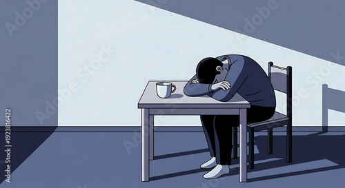 man in despair sitting at a table with a cup, feeling overwhelmed and exhausted in a minimalist room with harsh shadows