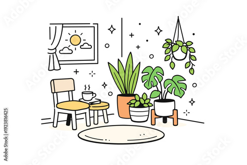 Personal corners of rooms. A corner with potted plants and soft light from a nearby window, small chair tucked in. Calm, restorative scene