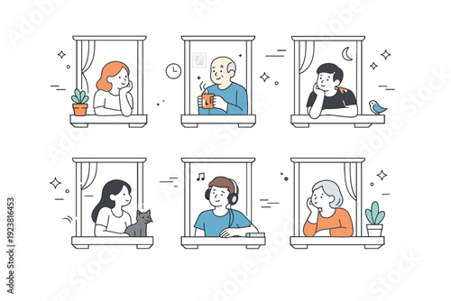 Windows of Solitude. People looking out of windows. Several figures appear in separate apartment windows of a building facade, each absorbed in their own