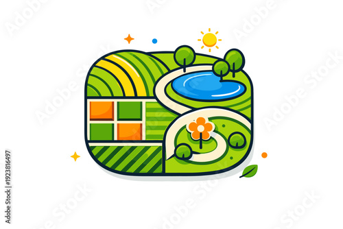 Aerial drone view abstract top down composition inspired by farmland or park patterns, representing order, growth, and harmony between nature