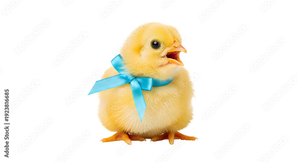 Obraz premium A cute yellow chick with a blue bow on transparent background