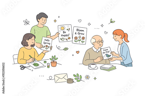 Diverse people creating and sharing handmade spring-themed cards and crafts