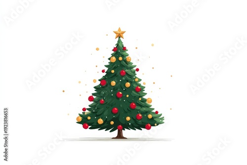 Decorative Christmas tree with golden stars and red balls placed on a white background for holiday celebrations and seasonal joy