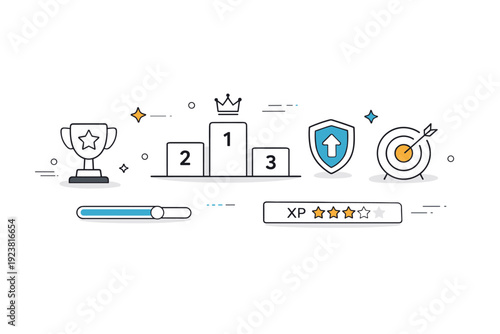 Esports. Abstract minimalist background inspired by competitive gaming, with symbols like trophies, rankings, and progress bars floating