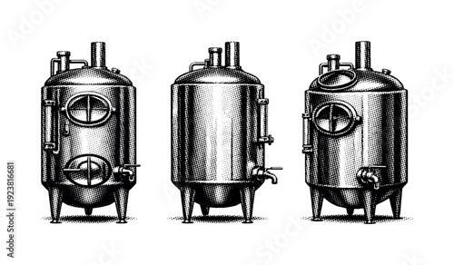 Vintage illustration of three industrial fermentation tanks with gauges and valves