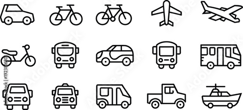 Transportation icons set with car, bus, taxi, van, pickup truck, bicycle, tandem bike, airplane, scooter, RV, boat, compact vehicle illustration