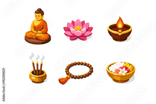 Vesak. Isometric flat vector icons set of Vesak: Buddha statue, lotus flower, oil lamp, incense holder, prayer beads, offering bowl. Arrange