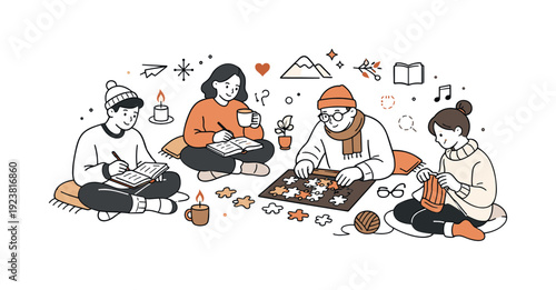 Cozy winter evening with family enjoying indoor hobbies like knitting and puzzles