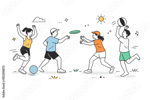 Informal summer sports activity. Light exercise and playful motion in an open outdoor space, no pressure or rules. Simple joy of moving
