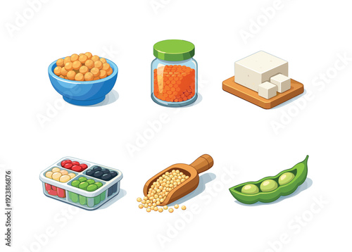 Collection of various soy products and legumes in isometric illustration style