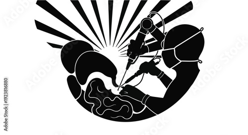 Black and white illustration of tattoo artist at work with sunburst