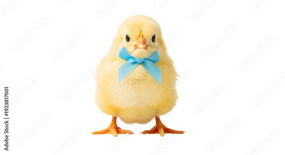 Obraz premium A cute yellow chick wearing a blue bow on transparent background