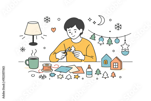 DIY winter craft evening. Cozy home scene with a person cutting paper and assembling simple handmade decorations at a table, warm light and