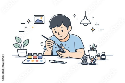 Hobby miniature painting. A person painting tiny figures with a small brush, sitting at a tidy workspace. Concentrated and relaxing creative
