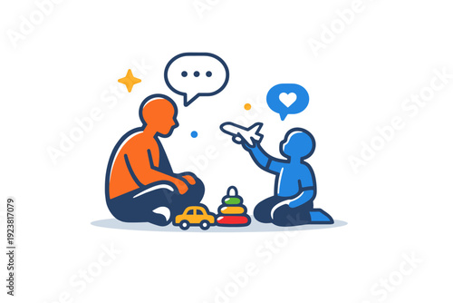 Parenting concept parent and child silhouettes interacting through play and conversation, symbolizing communication, patience and everyday