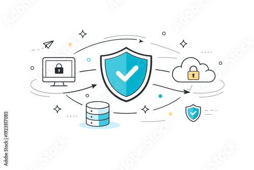 Cyber security. Abstract scene with a network protected by a central shield, gentle motion lines suggesting active defense without tension.
