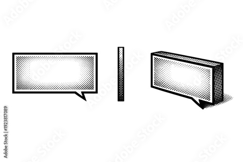 Narration caption box shown as a single rectangular comic text box object presented in three views: front view, side view, and three-quarter