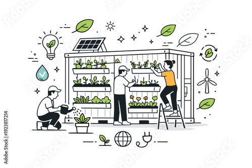 Urban container garden. A shipping container repurposed into a vertical garden with people tending plants, abstract floating leaves, stars,