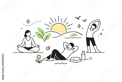 Spring wellness holiday illustration. Abstract composition with sunlight, leaves, and calm human silhouettes resting or stretching. The mood