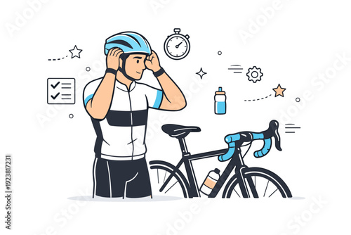 Athlete focus before competition ? Cyclist preparing helmet and checking bike. Focused glance, clean equipment, calm determination and mental