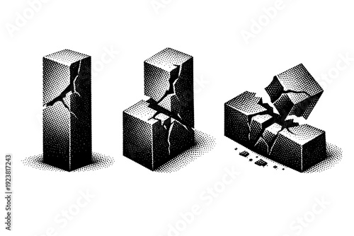Fractured Bar Chart. Economic crisis concept ? broken bar chart block. A single fractured bar chart block object shown in three views including front