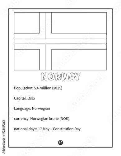 Norway Flag Coloring Page for Kids with Population Capital and Country Facts