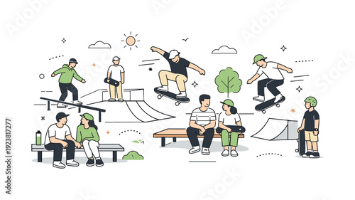 Diverse group of people enjoying a sunny day at a vibrant skatepark with ramps and rails