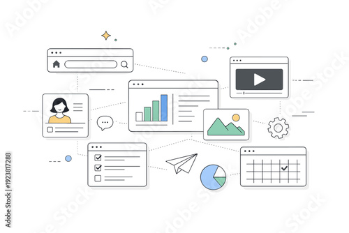 3D-inspired interface space. Simplified windows and icons arranged along invisible axes, creating spatial order without realism. Quiet,