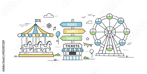 Amusement park scene with carousel, Ferris wheel, and ticket booth in flat design style