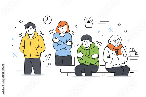 Sudden temperature drops in public spaces. People stand or sit with subtle body language shifts, shoulders raised or hands tucked in. Shared