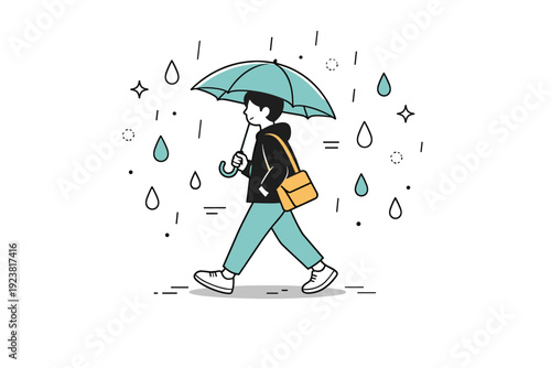 Rainy day walking scene. A single character walking with an umbrella through gentle rain, showing calm movement and everyday routine. Quiet,